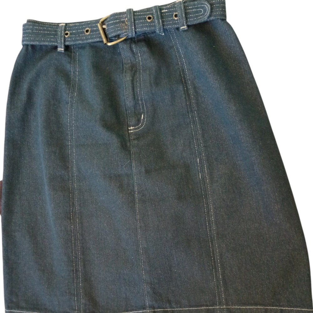 Vintage St Johns Bay Womens Size 4 Denim Skirt Bundle Brown Blue Belted A-Line - Picture 5 of 9
